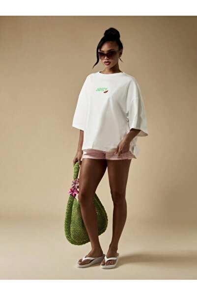 Kaptins Women's White T-Shirt I Watermelon Patterned Comfortable Loose Fit T-Shirt