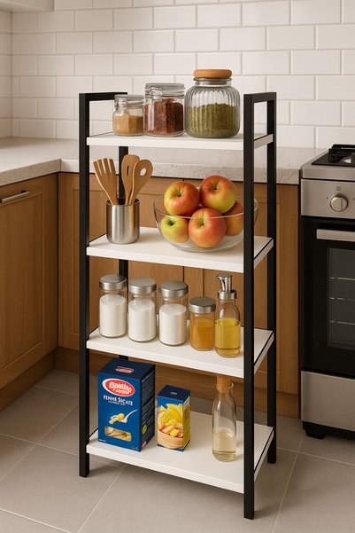 WANDOO 4 Katlı Metal Çerçeveli Ahşap Raf – Mutfak & Banyo Düzenleyici Çok Amaçlı Organizer (98x39x22 cm)