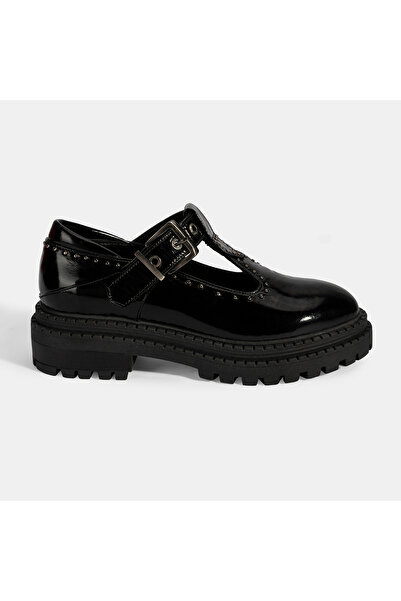 Desa Women's Black Studded Detailed T-Band Patent Leather Shoes