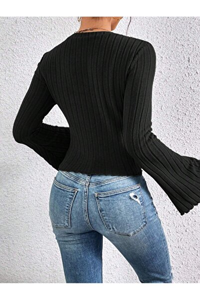 poswicon Černá žebrovaná pletenina, španělská halenka s rukávy