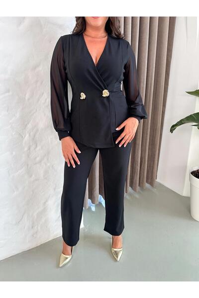 Butik Nilyam Women's Plus Size Double Breasted Lapel Chiffon Sleeve Double Brooch Detail Stretchy Blouse Pants Set 24927