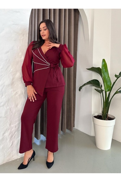Butik Nilyam Women's Plus Size Double Breasted Lapel Chiffon Sleeve Stone Stripe Detail Blouse Pants Set 24922
