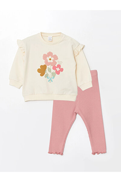 LC Waikiki Lcw Baby Ecru Crew Neck Long Sleeve Printed Baby Girl Sweatshirt and Leggings Set of 2
