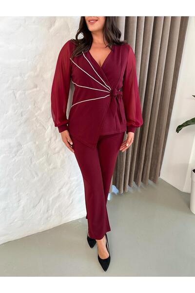 Butik Nilyam Women's Plus Size Double Breasted Lapel Chiffon Sleeve Stone Stripe Detail Blouse Pants Set 24922