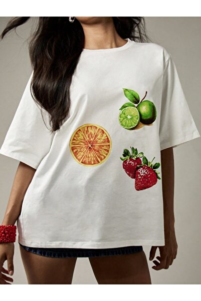 Kaptins Women's White T-Shirt Fruit Printed T-Shirt Cotton