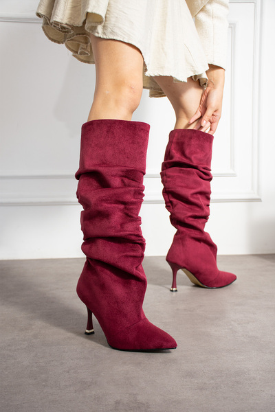 BERFONA VENEDIK BORDO DANA SÜET EKSTRA GENİŞ KONÇ KÖRÜKLÜ İNCE ÖKÇE ÇİZME