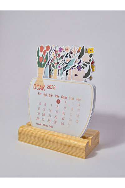 Özgür Çiçekli Masaüstü Takvimi, Ahşap Standlı 2026 Yılı Takvim 9x11 cm