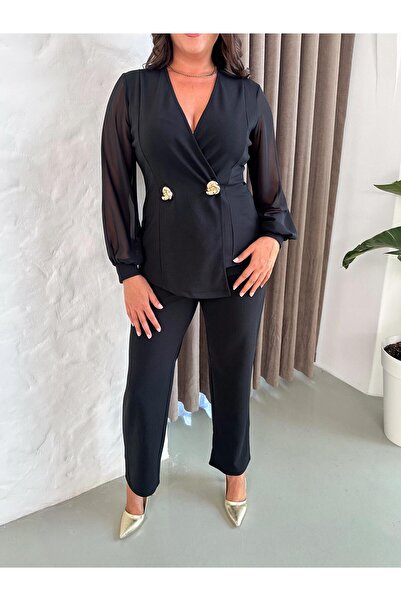 Butik Nilyam Women's Plus Size Double Breasted Collar Chiffon Sleeve Double Brooch Detail Stretchy Evening Dress Set 24926