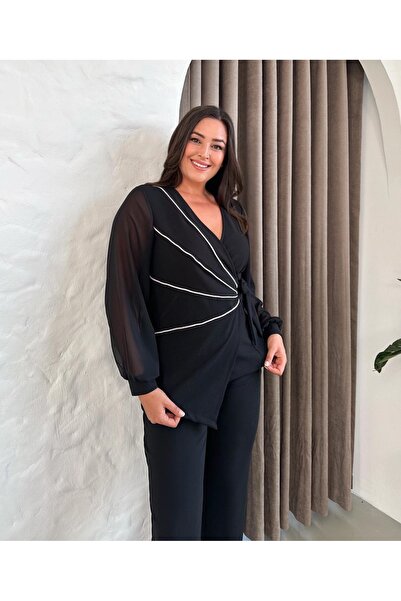 Butik Nilyam Γυναικείο Σετ Βραδινό Φόρεμα Μεγάλο Μέγεθος διπλό πέτο Πέτο Σιφόν Μανίκια Πέτρα ριγέ 24921