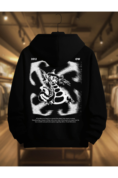 SELF CONTROL Hanorac gros de iarnă |   Imprimat cu dragon alb-negru