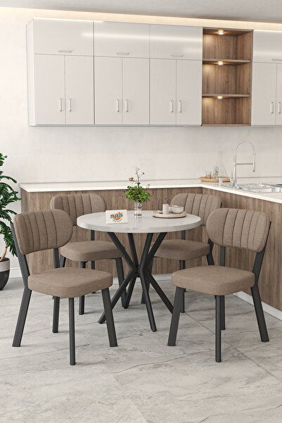 Mygusi Gnr 90cm Sabit Beyaz Mutfak Masası Takımı, Yemek Masası, 4 Modern Capp...