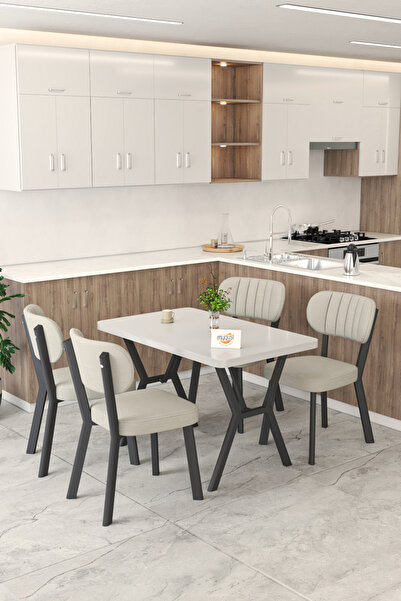 Mygusi Gnr 70x110cm Sabit Beyaz Mutfak Masası Takımı, Yemek Masası, 4 Modern Krem Sandalye