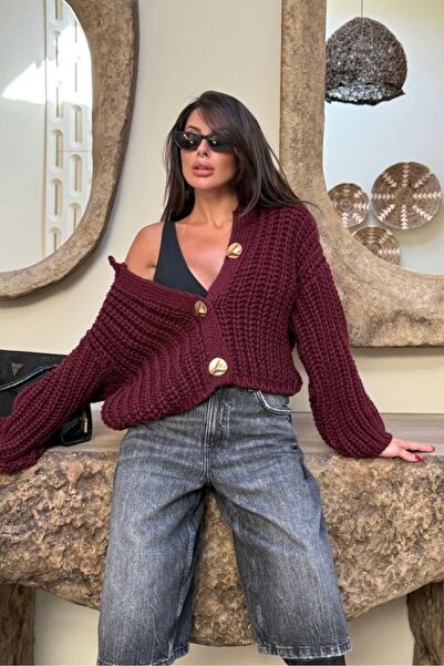 Noi Belis Oversize Crop Boy Big Button Detailed Knitwear Cardigan Aw25Hi0019
