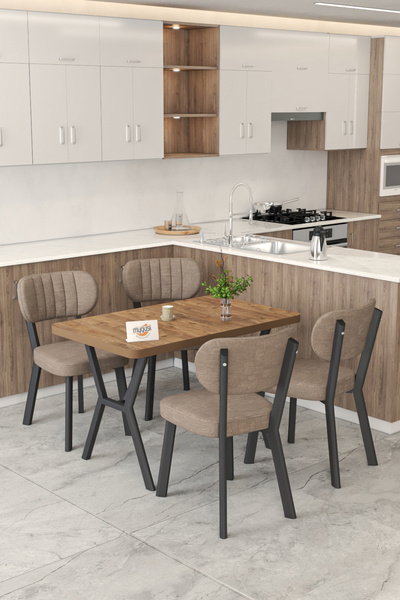 Mygusi Gnr 70x110cm Sabit Atlantik Mutfak Masası Takımı, Yemek Masası, 4 Modern Cappucino Sandalye
