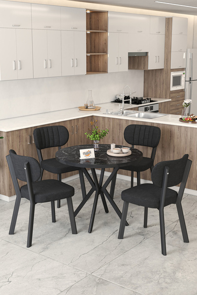 Mygusi Gnr 90cm Sabit Siyah Mutfak Masası Takımı, Yemek Masası, 4 Modern Siyah Sandalye