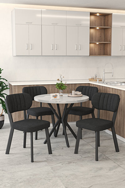 Mygusi Gnr 90cm Sabit Beyaz Mutfak Masası Takımı, Yemek Masası, 4 Modern Siya...