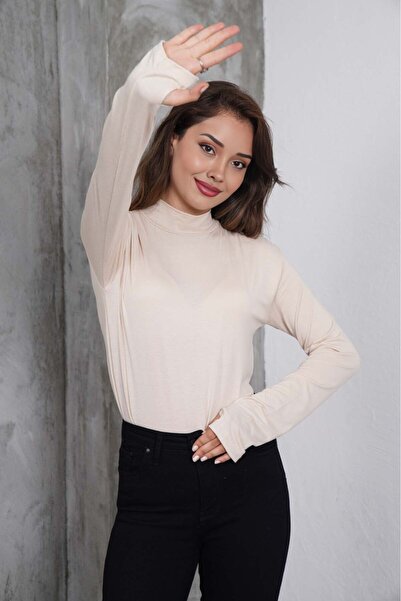 formenza Women's Beige 100% Viscose Long Sleeve Bodysuit with Finger Detail