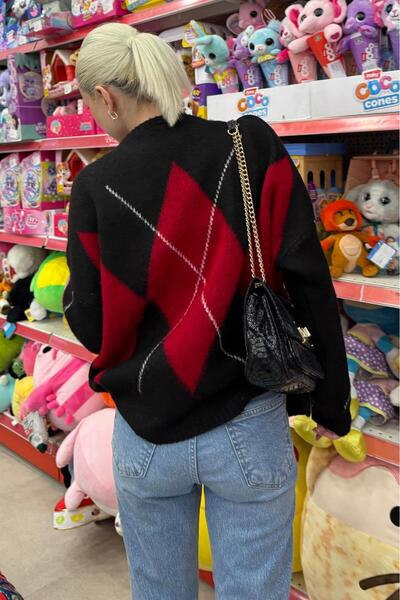 ELBA STİL Black Crew Neck Geometric Pattern Women's Sweater