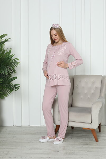 Lohussa Kadın Pudra Özel Tasarım Düğmeli Dantelli Uzun Kol Pamuk Hamile Lohusa Pijama Takımı