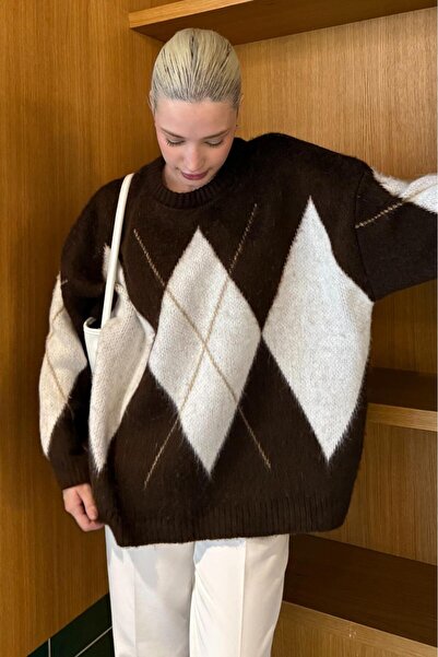 ELBA STİL Brown Crew Neck Geometric Pattern Women's Sweater