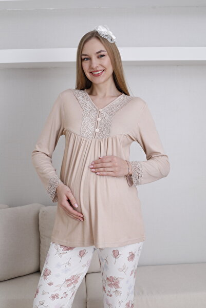 Lohussa Women's Mink Special Design Buttoned Patterned Lace Long Sleeve Cotton Maternity Pajama Set