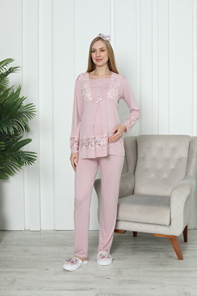 Lohussa Kadın Pudra Özel Tasarım Düğmeli Dantelli Uzun Kol Pamuk Hamile Lohusa Pijama Takımı