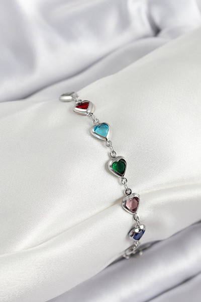 MODAMAYS Brass Silver Color Mixed Color Heart Zircon Stone Women's Bracelet