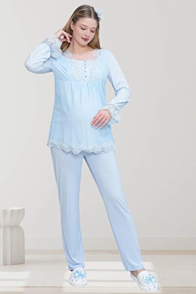 Viselya Mavi Dantelli Hamile Lohusa Pijama Takımı