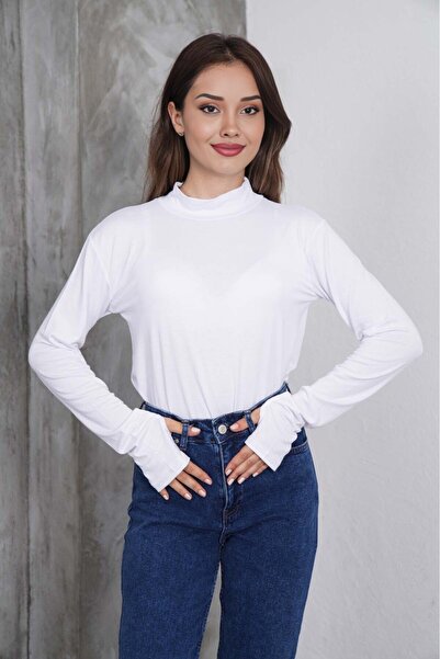 formenza Kadın Beyaz %100 VİSKON Parmak Detaylı Uzun Kollu Body