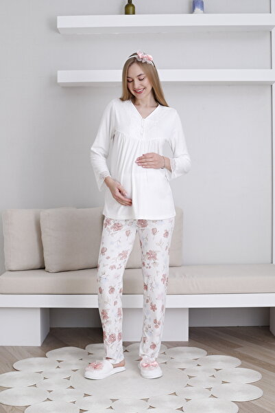 Lohussa Women's Ecru Special Design Buttoned Patterned Lace Long Sleeve Cotton Maternity Pajama Set