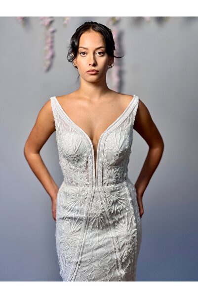 MEDUSA Aveline V Yaka Göğüs Dekolteli V Yaka Dantel Kaplama Balık Gelinlik