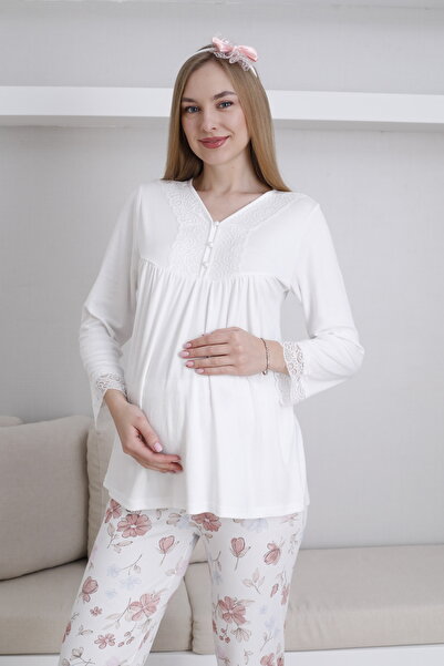 Lohussa Women's Ecru Special Design Buttoned Patterned Lace Long Sleeve Cotton Maternity Pajama Set