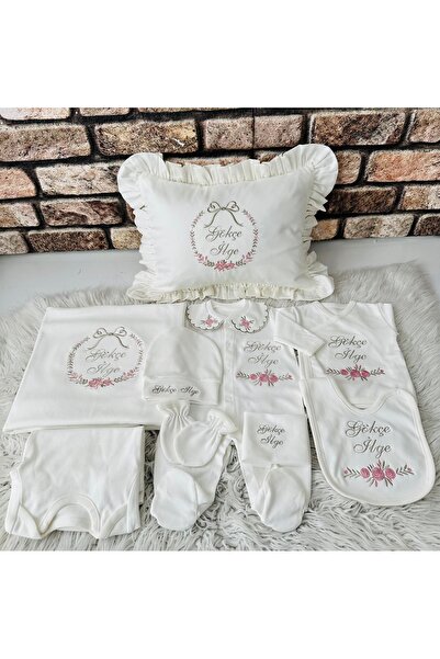 BEYCEY TASARIM Hastane Çıkış Seti ve Fırfırlı Yastık Nakışlı Isimli Kişiye Öz...