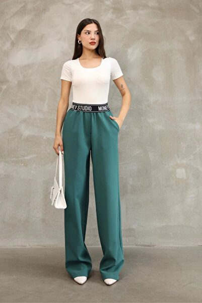 lodmela Elastic Waist Palazzo Pants 6138-Petrol Green