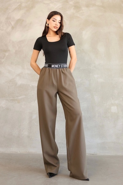 lodmela Elastic Waist Palazzo Pants 6138-Khaki