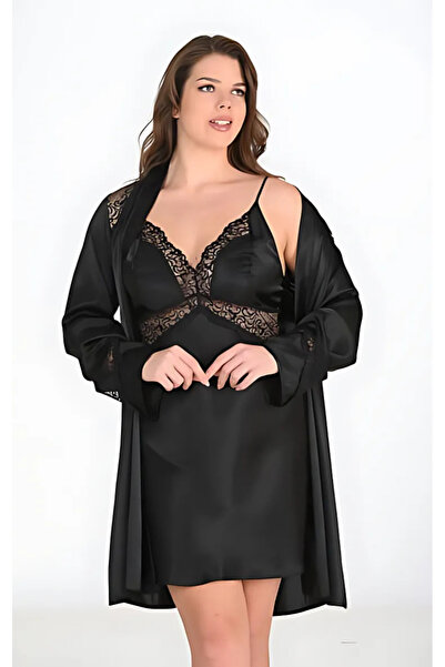 Bleu Petite Set cămașă de noapte pentru femei din satin de mărime mare