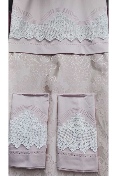Firdevs moda çeyiz Çeyizlik Dantelli Pudra 4 Yastıklı Pike Takımı