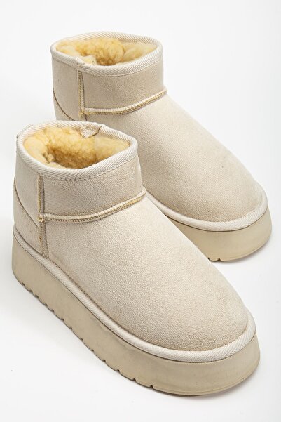Shemard Mini Bej Süet Yarım Bot içi Tüylü Düz Taban Kadın Ayakkabı