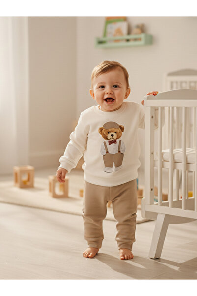 Lindakids Sevimli Ayıcık Desenli Omuzdan Çıtçıtlı Mevsimlik % 100 Organik Pam...