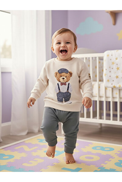Lindakids Sevimli Ayıcık Desenli Omuzdan Çıtçıtlı Mevsimlik % 100 Organik Pam...