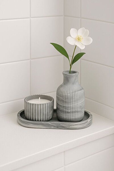 Nil Premium Mermer Desenli Dekoratif 3'lü Set Kokulu Mum - El Yapımı %100 Doğ...