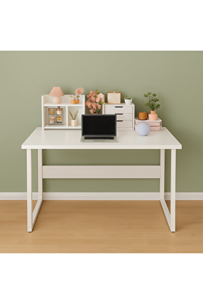 ROHS Birou de calculator HomeOFFICE cu raft, model scandinav, alb pur, picioare metalice, dimensiuni 120x45x72 cm