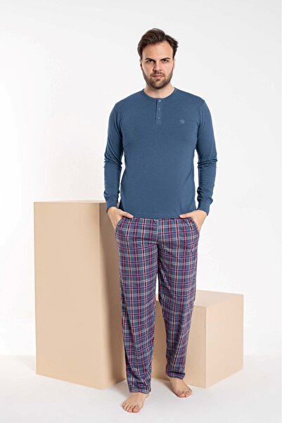 GUAVA+ Erkek 3 Düğmeli Ekose Desen Pamuk Likra Mevsimlik Modal Uzun Kol Manşetli Cepli Pijama Takımı