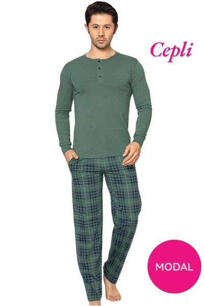 GUAVA+ Ανδρικό σετ πιτζάμες με 3 κουμπιά με καρό σχέδιο από βαμβακερή λύκρα, εποχιακό μοντέρνο μακρυμάνικο σετ πιτζάμες με μανσέτες και τσέπες