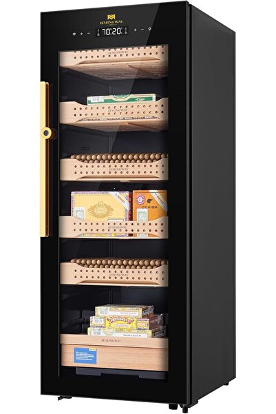 Hemingway مرطب سيجار إلكتروني 1200، أرفف من خشب الأرز الإسباني، شاشة تعمل باللمس، بصمة الإصبع، معالج حرارياً مزدوجاً