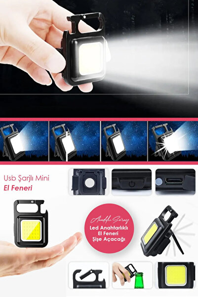 Anadolu Saray Usb ile Şarj Edilebilir Led Anahtarlık El Feneri Şişe Açacağı M...