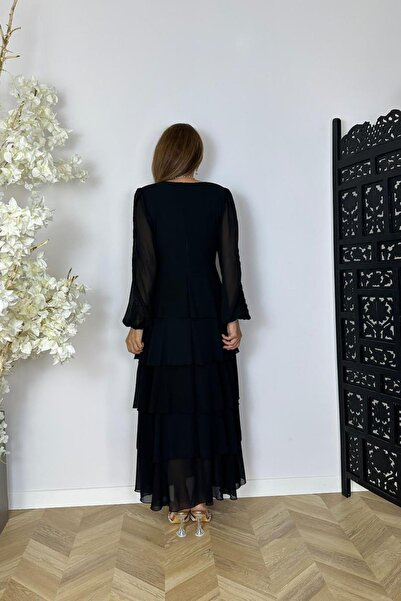 gesmoda G1535 Eteği Katlı Kol Detaylı Şifon Elbise Siyah