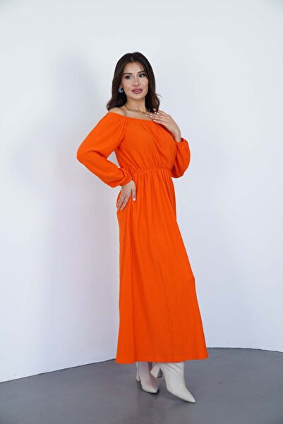 KAŞİHA Kayik Yaka Beli̇ Lasti̇kli̇ Bürümcük Kumaş Kadin Elbi̇se