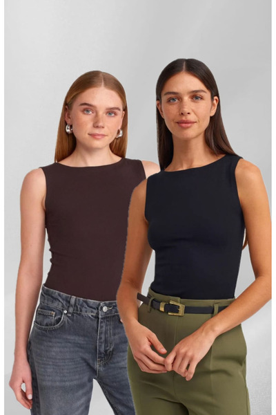 mısstresa boutıque Boat Neck 2-Piece Sleeveless Brown Black