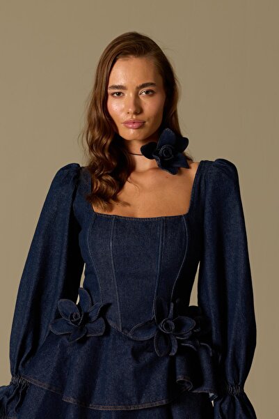 NOK İSTANBUL Tailor's Rose Denim Dress Blue Denim